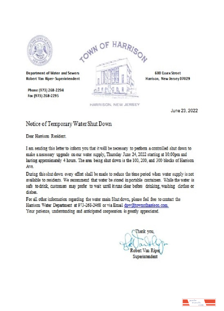 USA New Jersey Town of Harrison water shut off notice